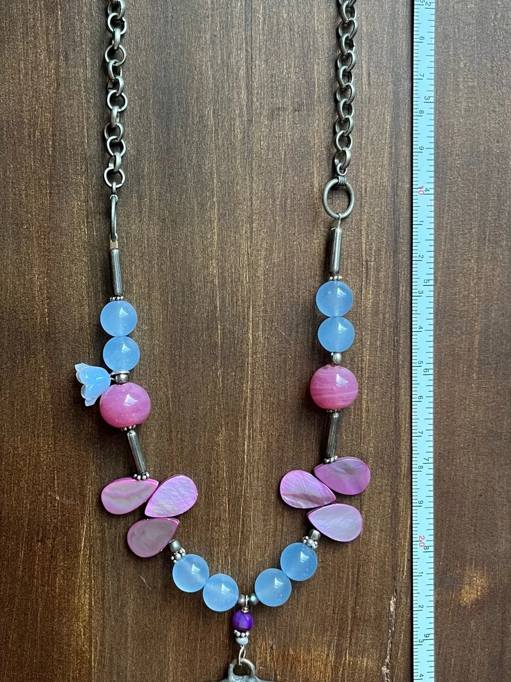Handcrafted pendant with lavender mother of pearl beads
